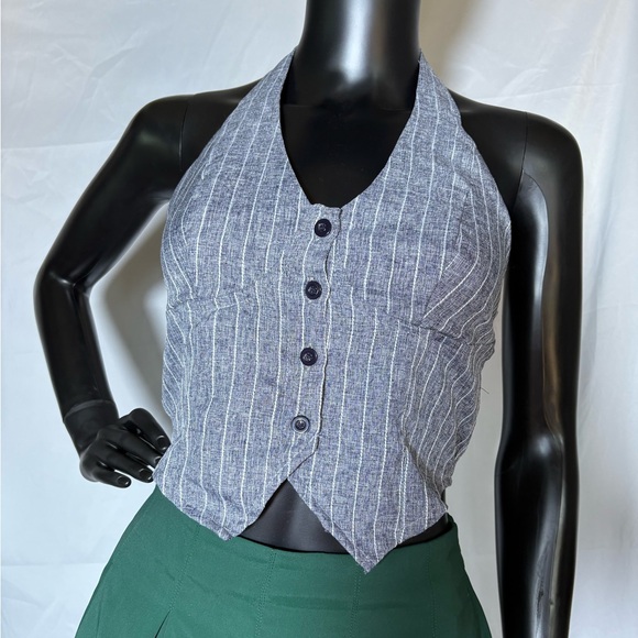 Elegant Gray Striped Halter Blouse - Picture 1 of 4